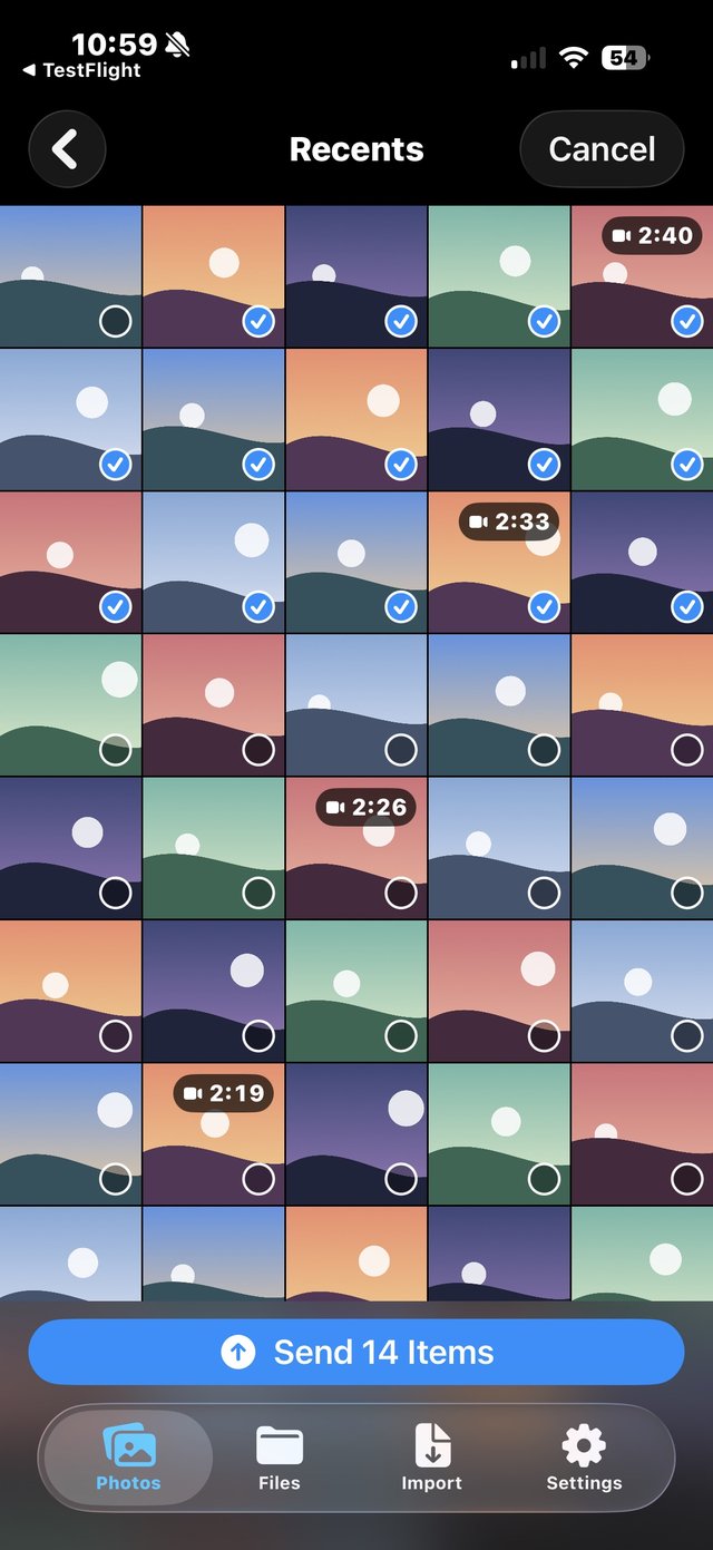 SMBDrop's photo picker with fourteen photos selected and a Send button ready